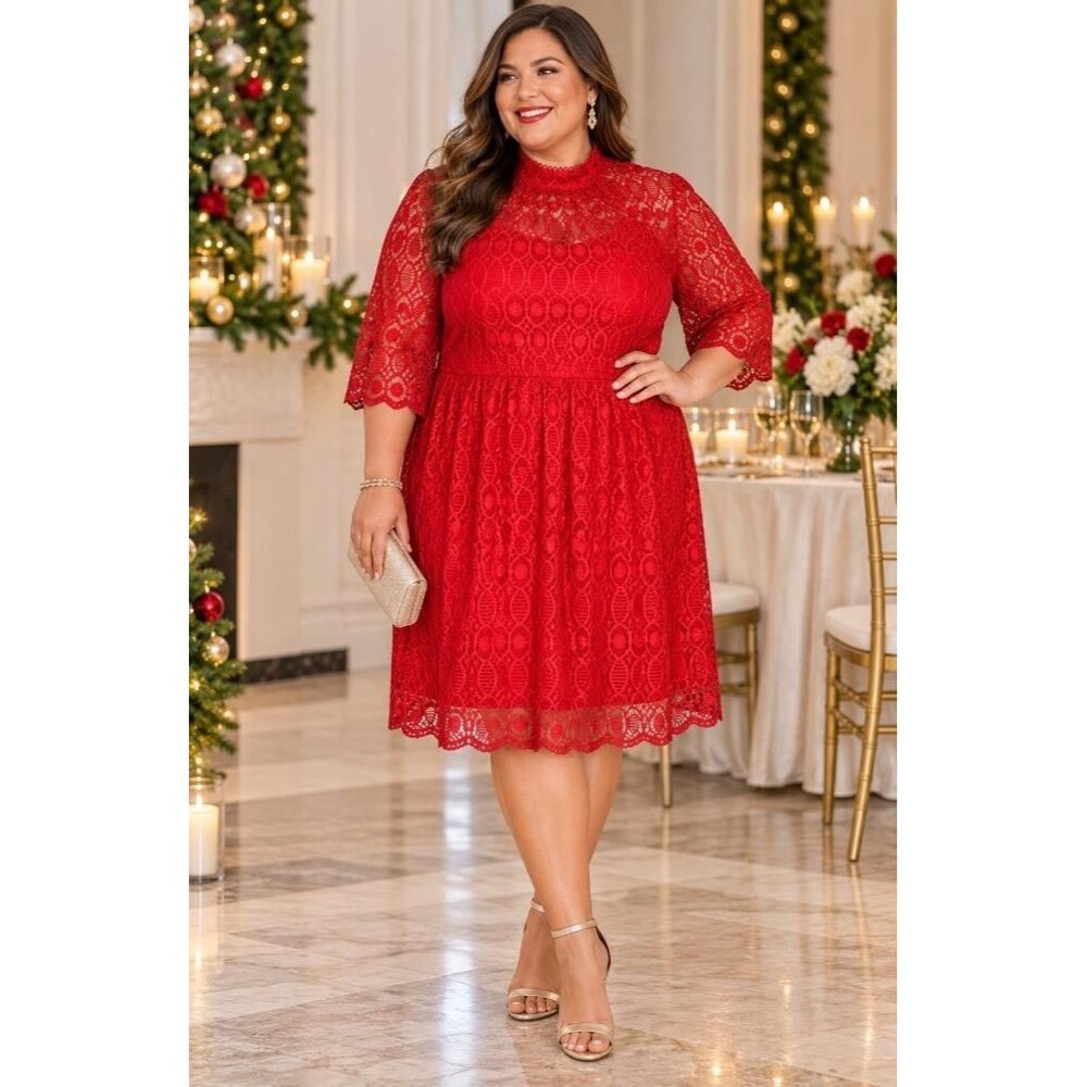Lane Bryant Dress Womens 24W Petite Holiday Red Lace 3/4 Sleeves High Neck